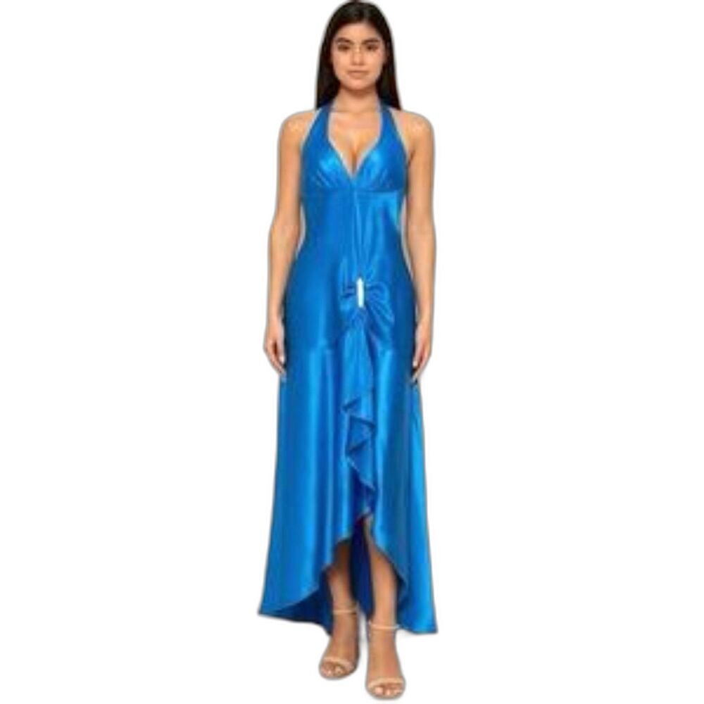 Vintage Blondie Nites Prom Dress Gown Blue Y2K Glam Ruffle Bow Halter Satin 3